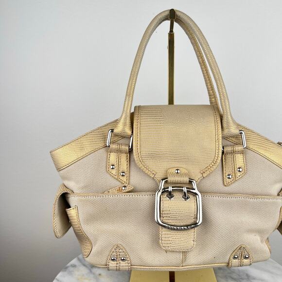 Cole Haan Buckle Canvas Tan and Gold Lizard Skin Embossed Leather Shoulder Bag - Picture 11 of 16